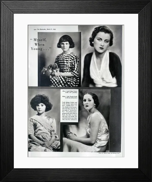 Framed Print : Two debutantes, photographed as children and as young women. Captioned, Myself when young. With descriptions, Lady Bridget Poulett to-day and yesterday, and Lady Pamela Smith as she was and as she is. Date: 1933 Framed Print : Two debutantes, photographed as children and as young women. Captioned, Myself when young. With descriptions, Lady Bridget Poulett to-day and yesterday, and Lady Pamela Smith as she was and as she is. Date: 1933