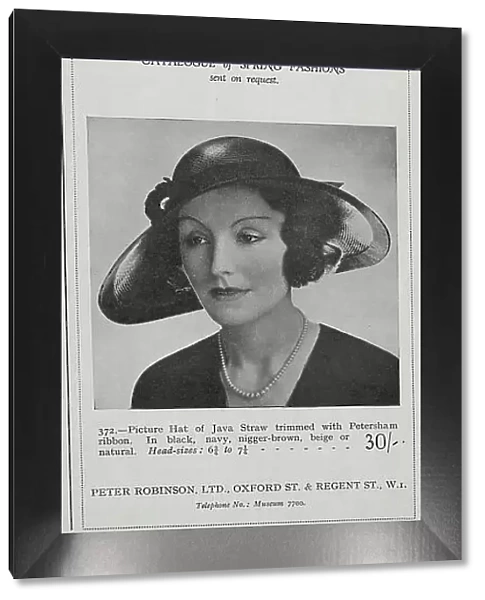 Advertisement for Peter Robinson, New hats for Spring, showing models wearing the Sailor hat and and Picture hat. The Peter Robinson department store was founded in 1833, becoming part of the Burton group in 1946