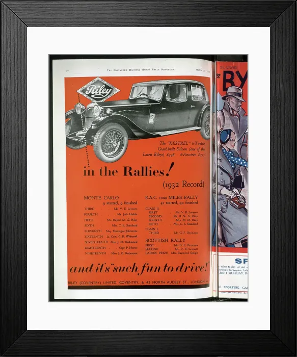 Framed Print : Advertisement for Riley Kestrel saloon car, mono illustration, with colour borders. With captions, Riley, as old as the industry, as modern as the hour'and in the rallies Framed Print : Advertisement for Riley Kestrel saloon car, mono illustration, with colour borders. With captions, Riley, as old as the industry, as modern as the hour'and in the rallies