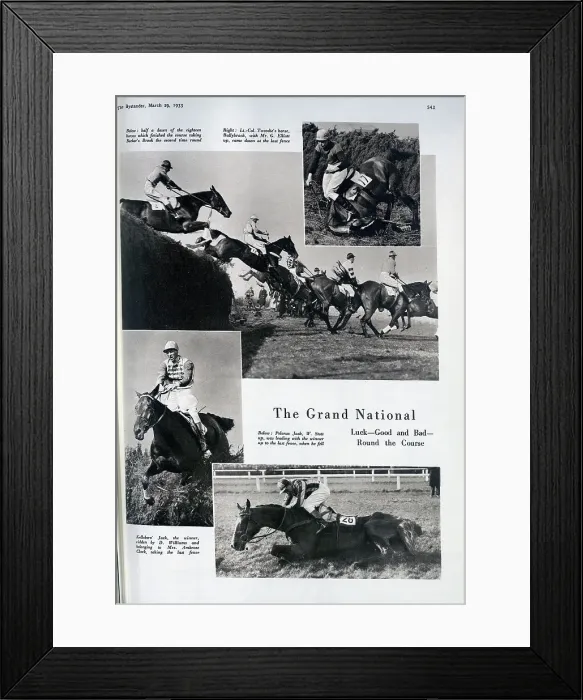 Framed Print : Photographs of the Grand National, including two falls, and group clearing Becher's Brook. Captioned, The Grand National: Luck - Good and Bad - Round the Course Framed Print : Photographs of the Grand National, including two falls, and group clearing Becher's Brook. Captioned, The Grand National: Luck - Good and Bad - Round the Course