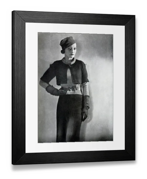 Framed Print : Outfit designed by Maggy Rouff, studio fashion portrait. Captioned, Short Coats for Longer Days'. With description, Spring suits are, like our spring climate, variable Framed Print : Outfit designed by Maggy Rouff, studio fashion portrait. Captioned, Short Coats for Longer Days'. With description, Spring suits are, like our spring climate, variable