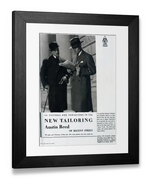 Framed Print : Advertisement for Austin Reed tailoring. Outdoor scene showing two men in overcoats reading a newspaper, outside a Midland Bank. Captioned, 151 fittings and variations in the new tailoring, Austin Reed of Regent Street Framed Print : Advertisement for Austin Reed tailoring. Outdoor scene showing two men in overcoats reading a newspaper, outside a Midland Bank. Captioned, 151 fittings and variations in the new tailoring, Austin Reed of Regent Street