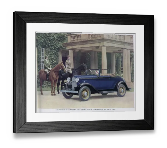Framed Print : Advertisement for Ford Motor Company V8 car. Colour photograph showing man and woman on horses, admiring dark blue Ford V8 Cabriolet, outside pillared entrance to grand house. Captioned, Thoroughbred alike in appearance and performance