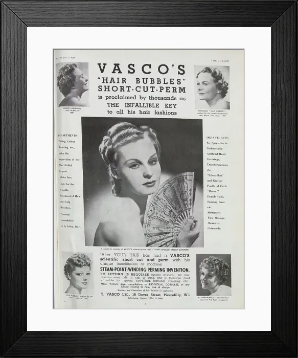 Framed Print : Advert showcasing a hairdresser's short cut and perm Framed Print : Advert showcasing a hairdresser's short cut and perm