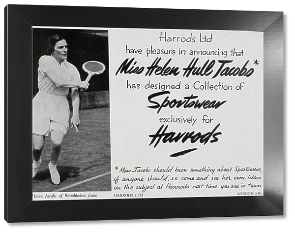 Advert for Harrods sportswear, featuring Helen Jacobs