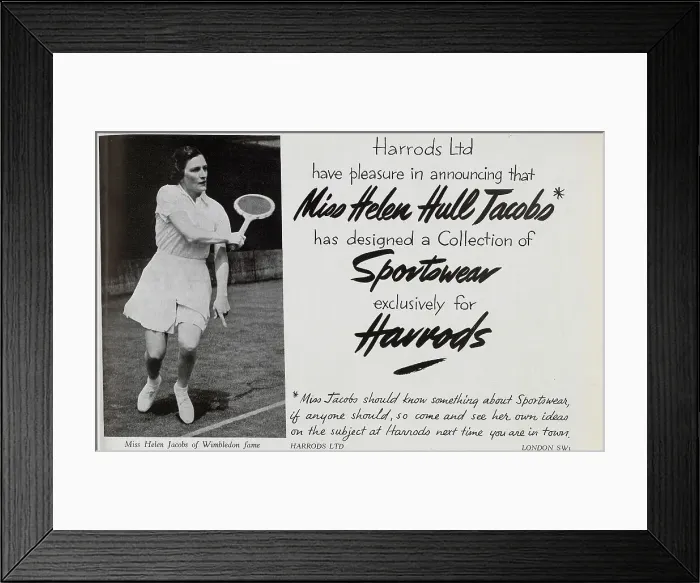 Framed Print : Advert for Harrods sportswear, featuring Helen Jacobs