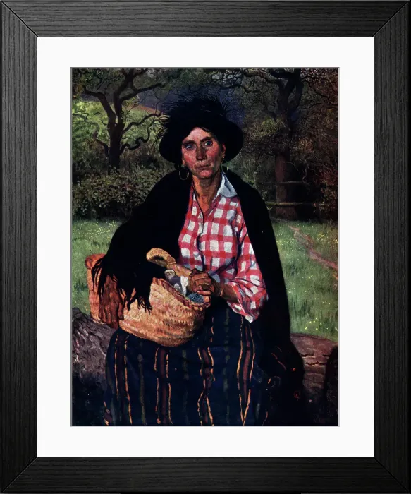 Framed Print : Zillah. Painting of a seated woman wearing a black shawl, carrying a baskey of washing Framed Print : Zillah. Painting of a seated woman wearing a black shawl, carrying a baskey of washing