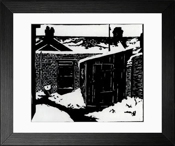 Framed Print : Winter. Lino cut emphasizing the winter season upon a simple town back garden with shed Framed Print : Winter. Lino cut emphasizing the winter season upon a simple town back garden with shed