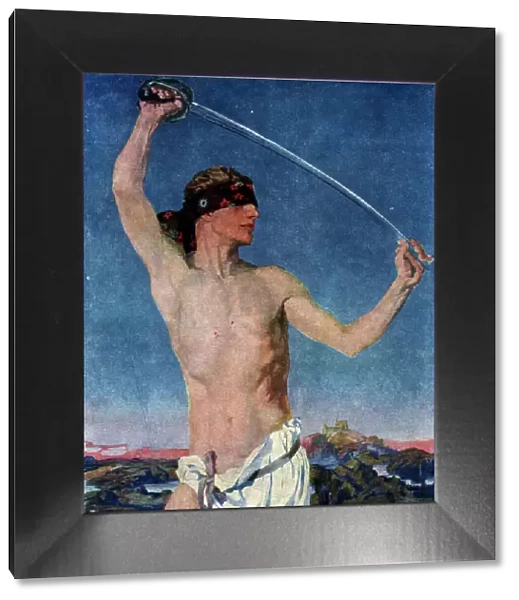Adventure. Painting showing a blindfolded man wielding a sword overhead with one hand,