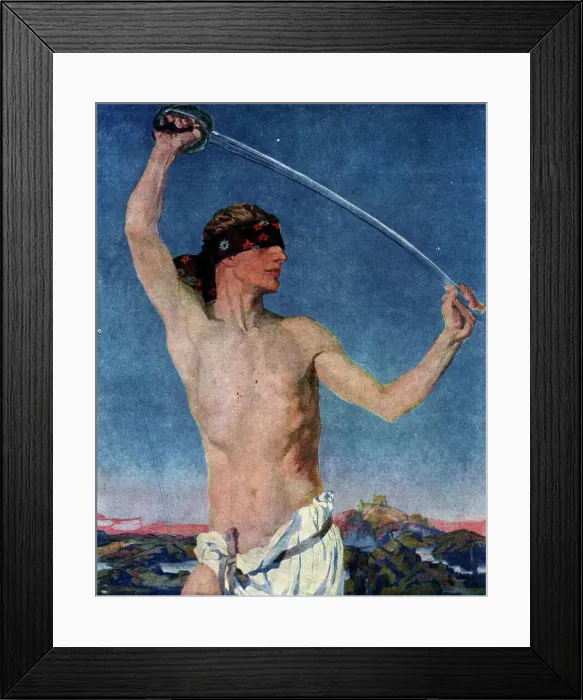 Framed Print : Adventure. Painting showing a blindfolded man wielding a sword overhead with one hand, Framed Print : Adventure. Painting showing a blindfolded man wielding a sword overhead with one hand,