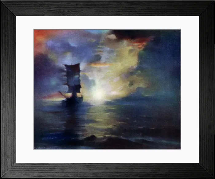 Framed Print : Lone Ship. Pastel of a dark sea view at sunset Framed Print : Lone Ship. Pastel of a dark sea view at sunset