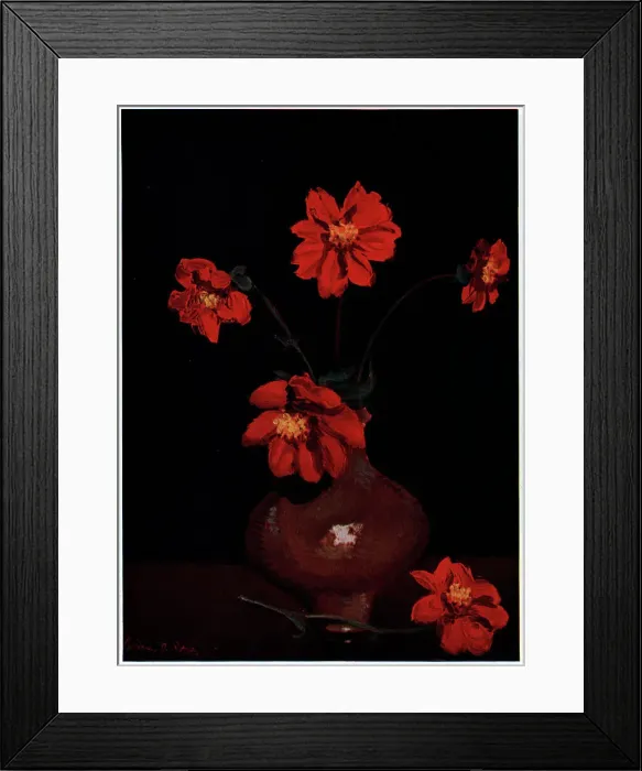 Framed Print : Flowers. A still-life painting of a vase of red Dahlias Framed Print : Flowers. A still-life painting of a vase of red Dahlias