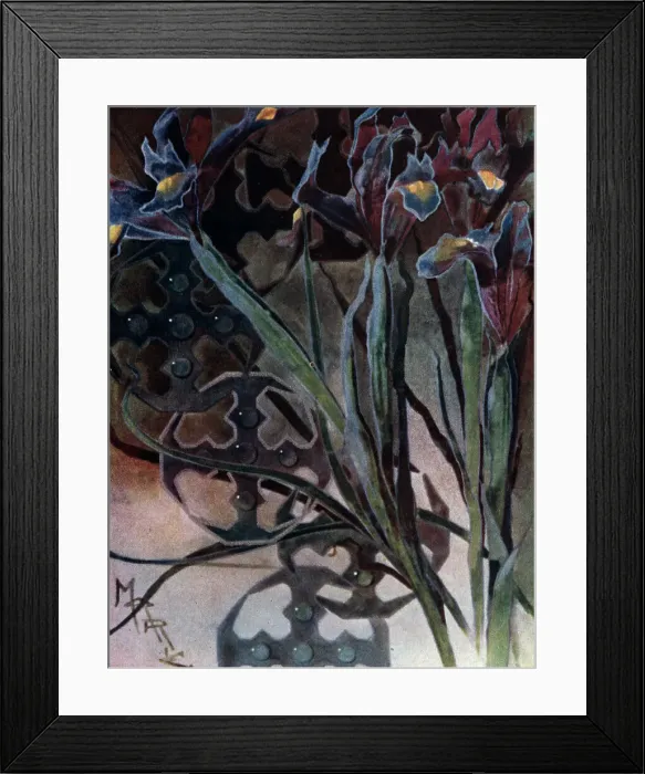 Framed Print : Irises. A painting of Irises covering the image of arabesques seen in the water Framed Print : Irises. A painting of Irises covering the image of arabesques seen in the water