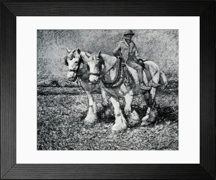 Framed Print : Morning. Oil painting of two great travelling horses with a man riding one of them Framed Print : Morning. Oil painting of two great travelling horses with a man riding one of them