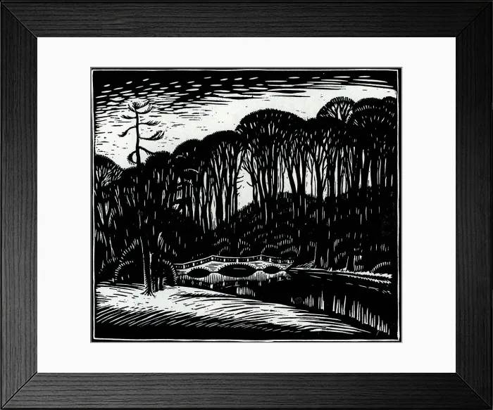 Framed Print : Ken Wood. Artwork of Ken Wood with a bridge spanning a river. Date: circa 1930 Framed Print : Ken Wood. Artwork of Ken Wood with a bridge spanning a river. Date: circa 1930