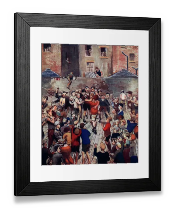 Framed Print : The Fight. Painting showing a hectic fight scene between two large school boys Framed Print : The Fight. Painting showing a hectic fight scene between two large school boys