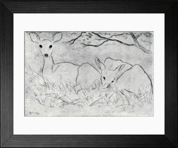 Framed Print : Two Deer. A simple but effective dry point of two deer, only one of them looking alert Framed Print : Two Deer. A simple but effective dry point of two deer, only one of them looking alert