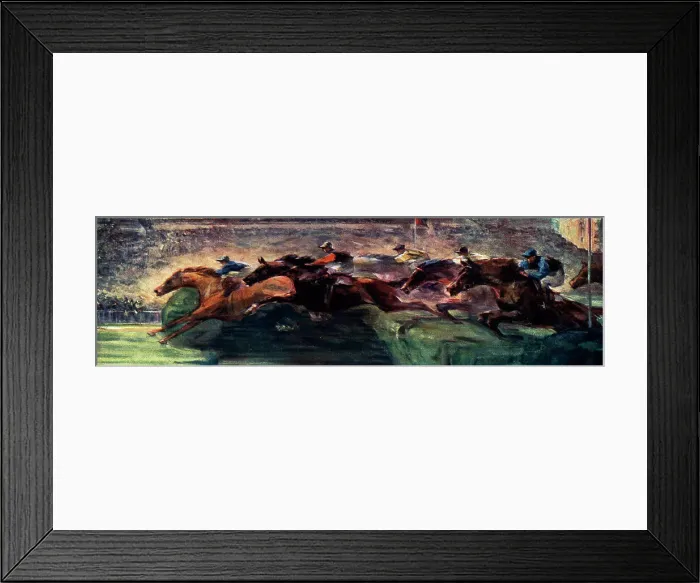 Framed Print : Auteuil. Oil painting showing a bunch of racehorses jumping over an obstacle Framed Print : Auteuil. Oil painting showing a bunch of racehorses jumping over an obstacle