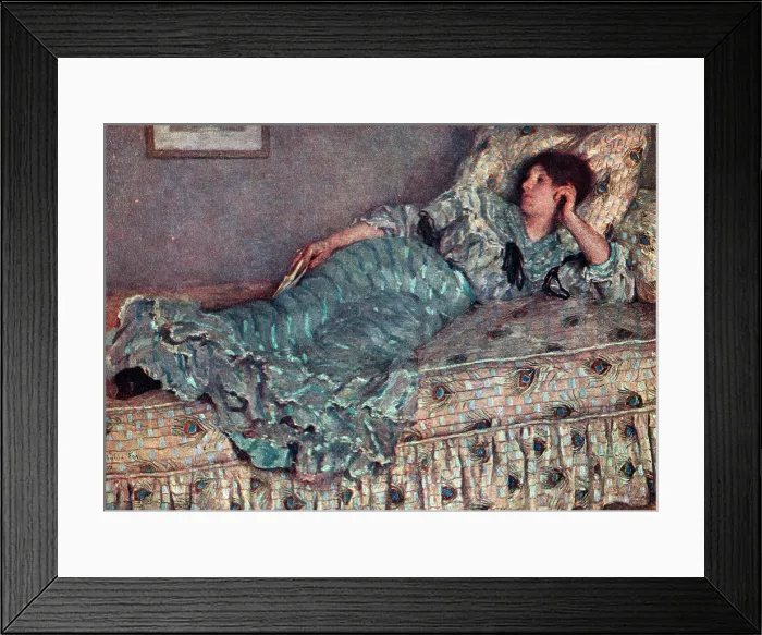 Framed Print : Reverie. This oil painting shows a very relaxed woman Framed Print : Reverie. This oil painting shows a very relaxed woman