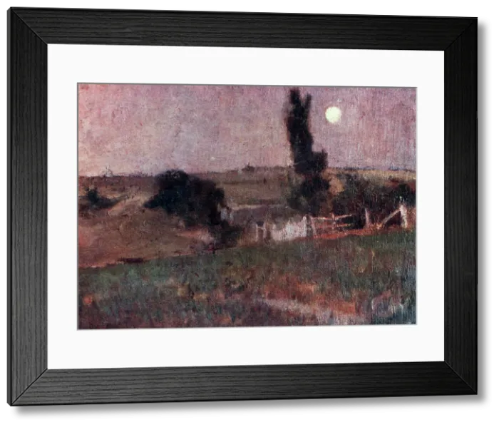 Framed Print : Afterglow. A landscape oil painting of grassland with a crude fence Framed Print : Afterglow. A landscape oil painting of grassland with a crude fence