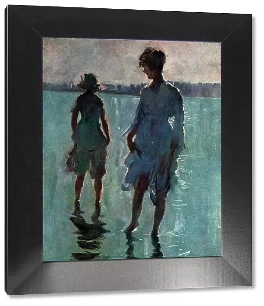 Paddling. This oil painting portrays two ladies enjoying the shallow tide