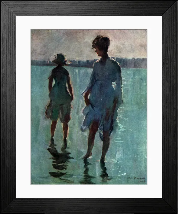 Framed Print : Paddling. This oil painting portrays two ladies enjoying the shallow tide Framed Print : Paddling. This oil painting portrays two ladies enjoying the shallow tide