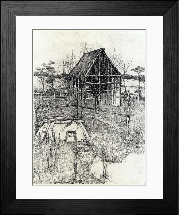 Framed Print : Landscape. This pen drawing shows a rickety wooden countryside structure Framed Print : Landscape. This pen drawing shows a rickety wooden countryside structure