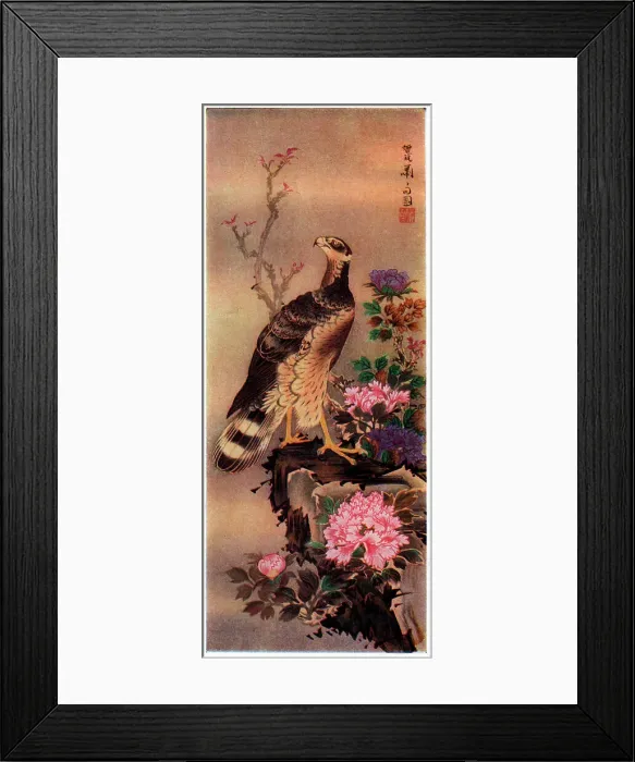 Framed Print : Hawk. Artwork showing a magnificent hawk stood on a rocky ledge, with blooming pink Framed Print : Hawk. Artwork showing a magnificent hawk stood on a rocky ledge, with blooming pink