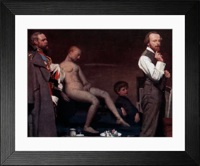 Framed Print : The Shop. This oil painting shows a series of male figures Framed Print : The Shop. This oil painting shows a series of male figures