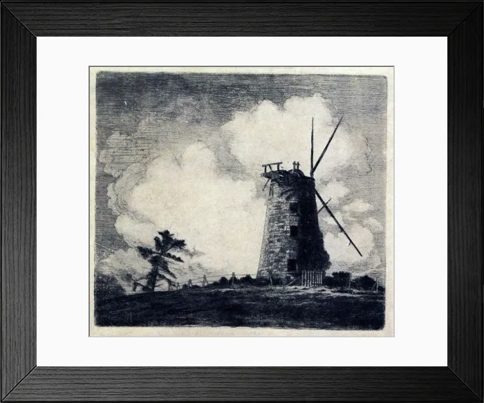 Framed Print : The Mill. This etching shows a lone standing wind mill Framed Print : The Mill. This etching shows a lone standing wind mill