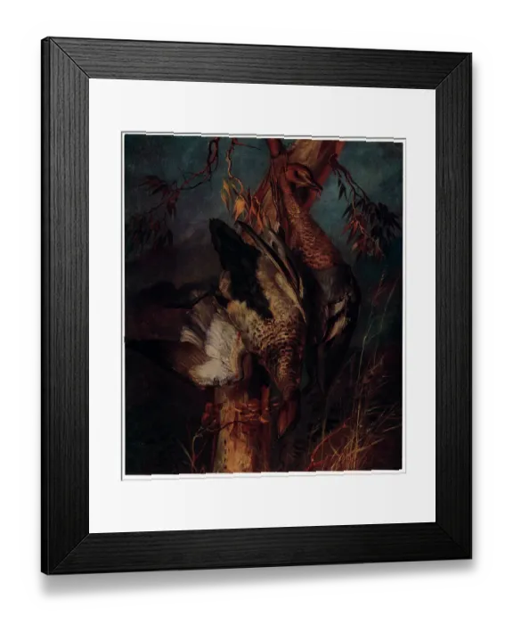 Framed Print : Wood-duck. An oil painting of two dead wood ducks hung over a branch of a tree Framed Print : Wood-duck. An oil painting of two dead wood ducks hung over a branch of a tree