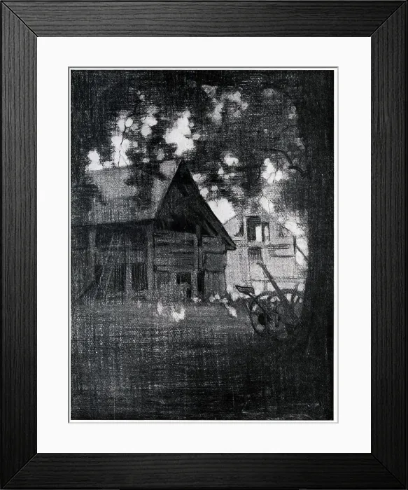 Framed Print : The Barn. A charcoal drawing showing a view of a bark Framed Print : The Barn. A charcoal drawing showing a view of a bark