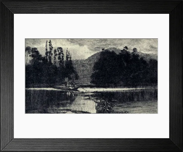 Framed Print : The Ferry. This etching shows a small ferry boat travelling along the calm waters Framed Print : The Ferry. This etching shows a small ferry boat travelling along the calm waters