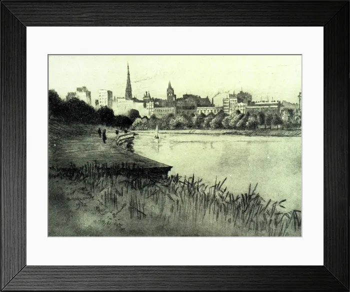 Framed Print : Yarraside. An etching showing a waterside platform of Yarraside Framed Print : Yarraside. An etching showing a waterside platform of Yarraside
