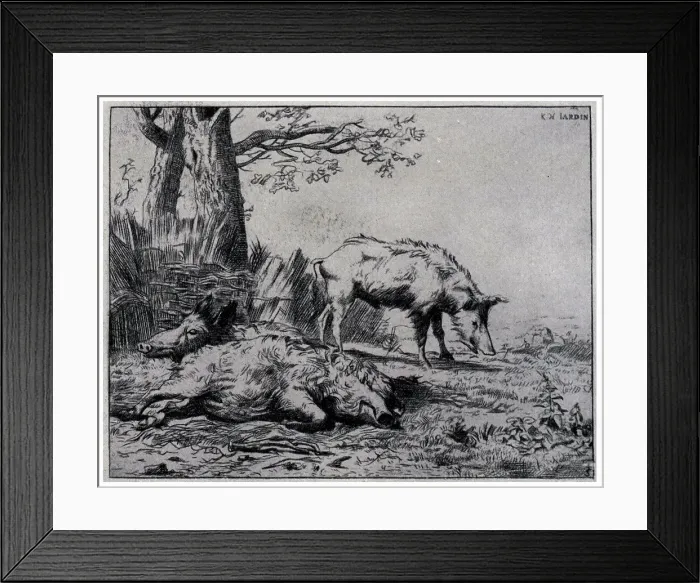 Framed Print : Two Boars. An etching of two rugged boars, one standing Framed Print : Two Boars. An etching of two rugged boars, one standing