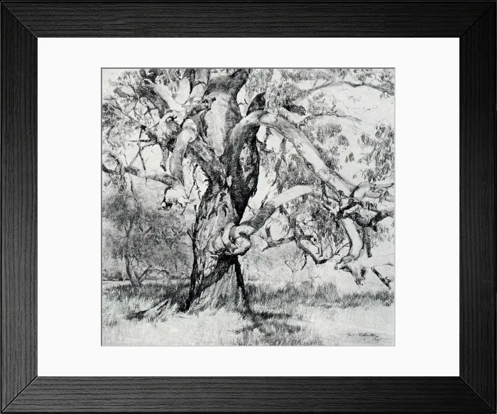 Framed Print : The Giant. A landscape pencil drawing, dominated by the presence of a very large Framed Print : The Giant. A landscape pencil drawing, dominated by the presence of a very large