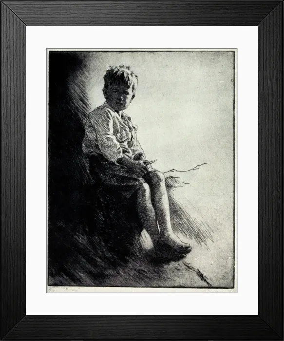 Framed Print : Snowy. A portrait etching of a young bot, seated Framed Print : Snowy. A portrait etching of a young bot, seated