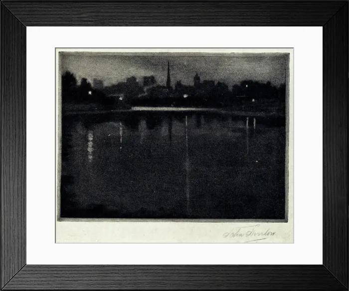 Framed Print : Nightfall. An aquatint showing an Australian town, under a dark, evening sky, Framed Print : Nightfall. An aquatint showing an Australian town, under a dark, evening sky,