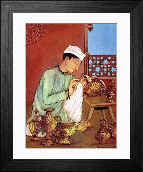 Framed Print : Indian Brassworker painted by Ranada Ukil Framed Print : Indian Brassworker painted by Ranada Ukil