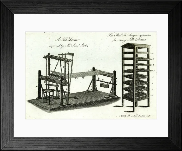 Framed Print : Swayne's apparatus for rearing silk worms, and a silk loom Framed Print : Swayne's apparatus for rearing silk worms, and a silk loom