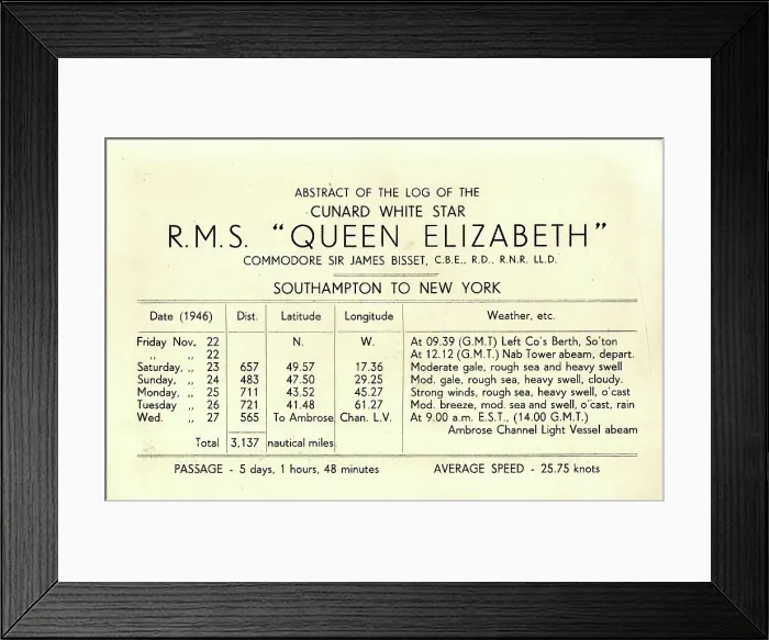 Framed Print : Abstract of Cunard White Star Log, RMS Queen Elizabeth Framed Print : Abstract of Cunard White Star Log, RMS Queen Elizabeth