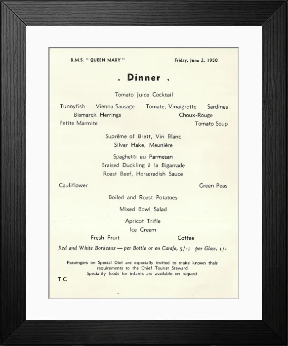 Framed Print : Cunard White Star, RMS Queen Mary, Dinner Menu Framed Print : Cunard White Star, RMS Queen Mary, Dinner Menu