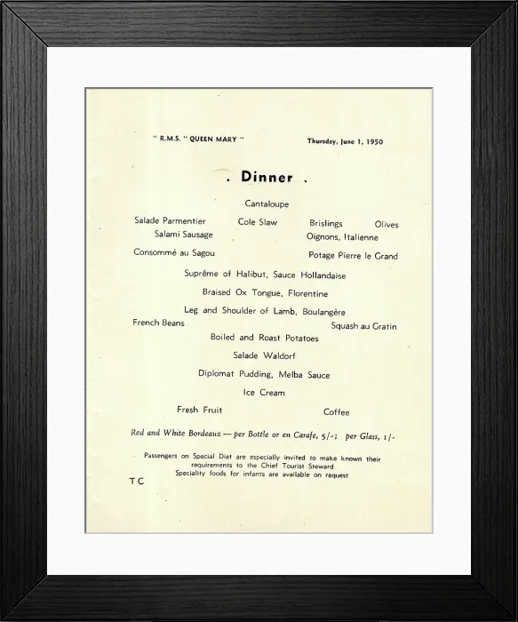Framed Print : Cunard White Star, RMS Queen Mary, Dinner Menu Framed Print : Cunard White Star, RMS Queen Mary, Dinner Menu