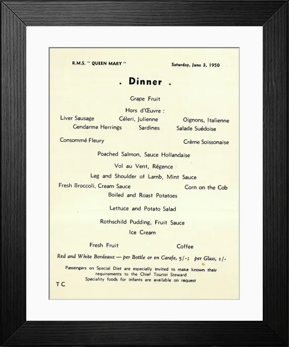 Framed Print : Cunard White Star, RMS Queen Mary, Dinner Menu Framed Print : Cunard White Star, RMS Queen Mary, Dinner Menu