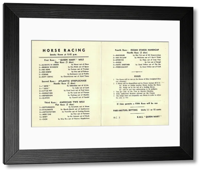 Framed Print : Cunard White Star, RMS Queen Mary, Horse Racing Framed Print : Cunard White Star, RMS Queen Mary, Horse Racing