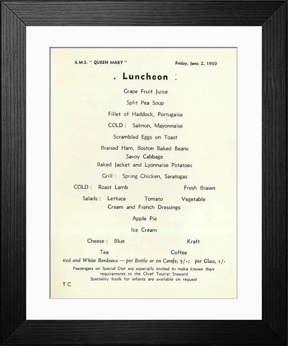 Framed Print : Cunard White Star, RMS Queen Mary, Luncheon Menu Framed Print : Cunard White Star, RMS Queen Mary, Luncheon Menu