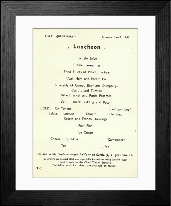 Framed Print : Cunard White Star, RMS Queen Mary, Luncheon Menu Framed Print : Cunard White Star, RMS Queen Mary, Luncheon Menu
