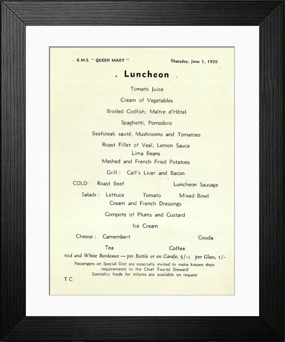 Framed Print : Cunard White Star, RMS Queen Mary, Luncheon Menu Framed Print : Cunard White Star, RMS Queen Mary, Luncheon Menu