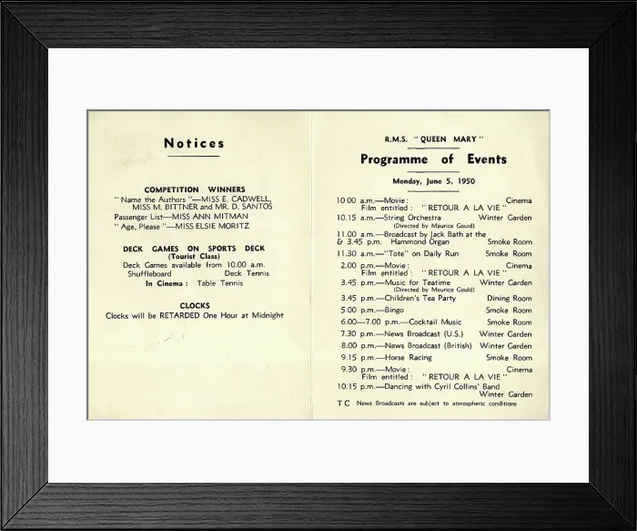 Framed Print : Cunard White Star, RMS Queen Mary, Programme of Events Framed Print : Cunard White Star, RMS Queen Mary, Programme of Events