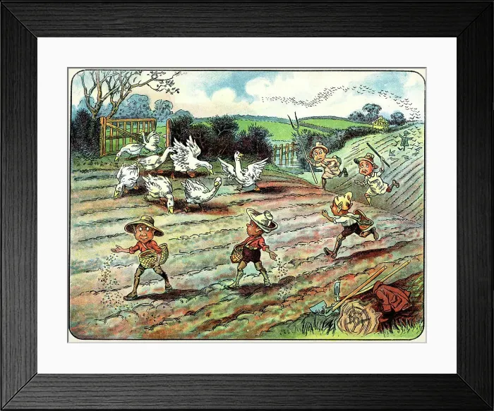 Framed Print : Geese invade the field where the Brownies are sowing Framed Print : Geese invade the field where the Brownies are sowing